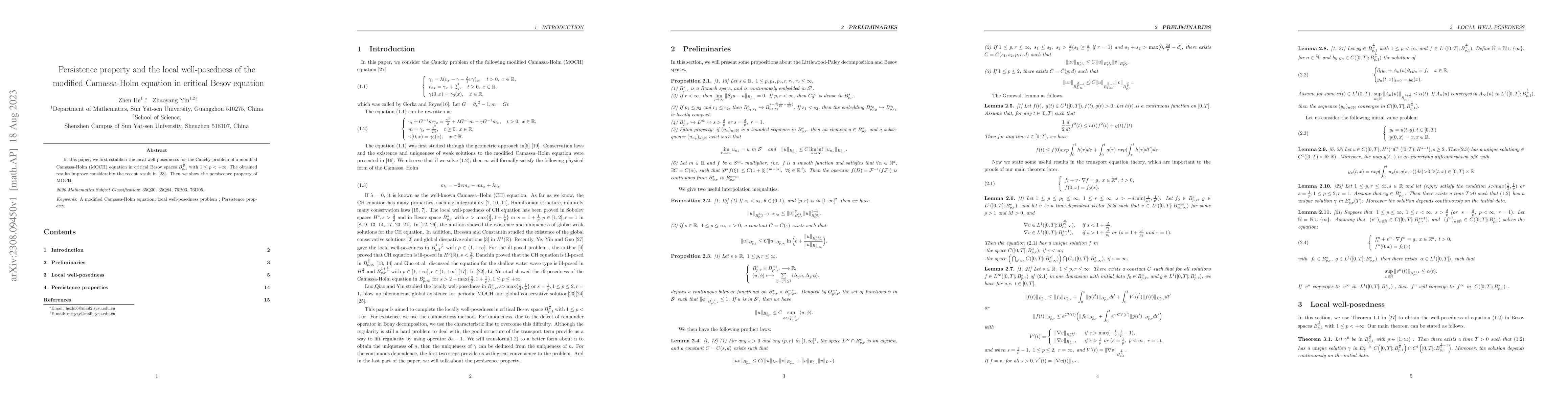 Thumbnail for Persistence property and the local well-posedness of the modified
  Camassa-Holm equation in critical Besov equation
