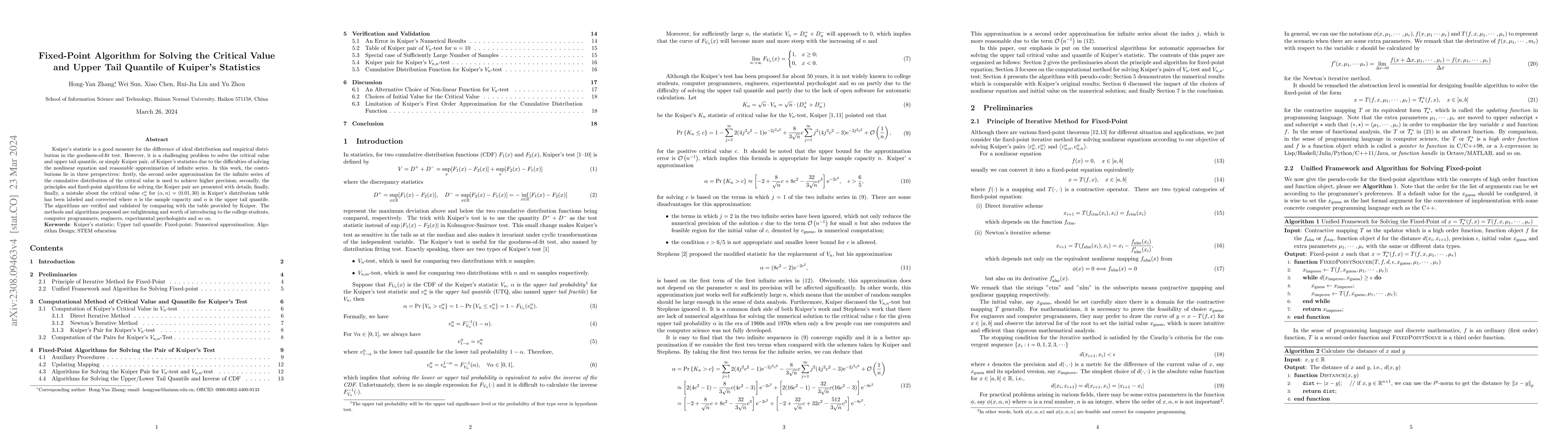 Thumbnail for Fixed-Point Algorithms for Solving the Critical Value and Upper Tail
  Quantile of Kuiper's Statistics