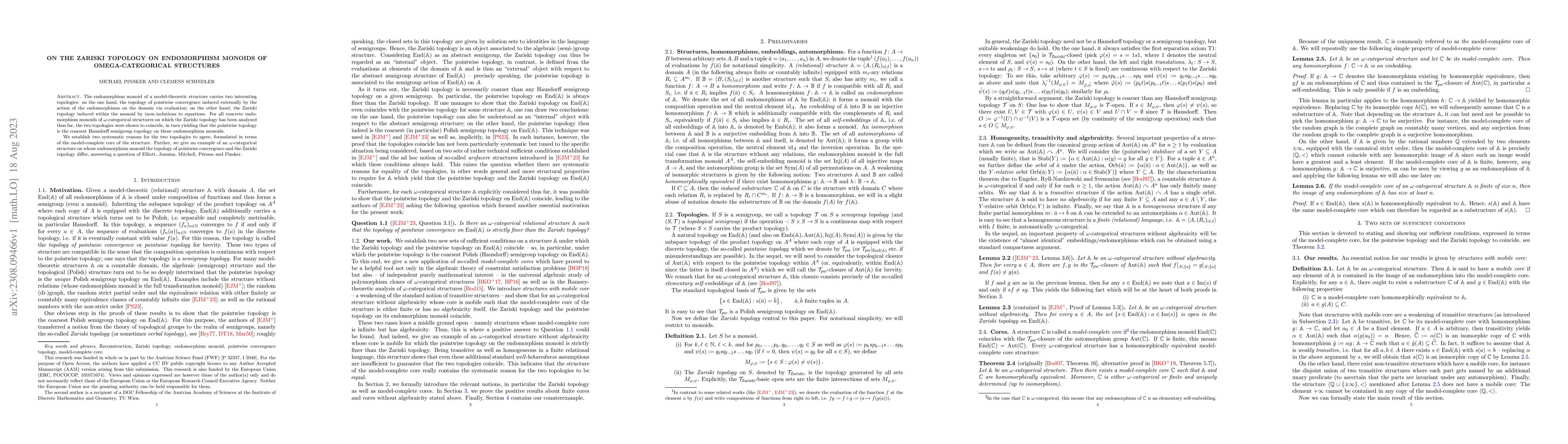 Thumbnail for On the Zariski topology on endomorphism monoids of omega-categorical
  structures