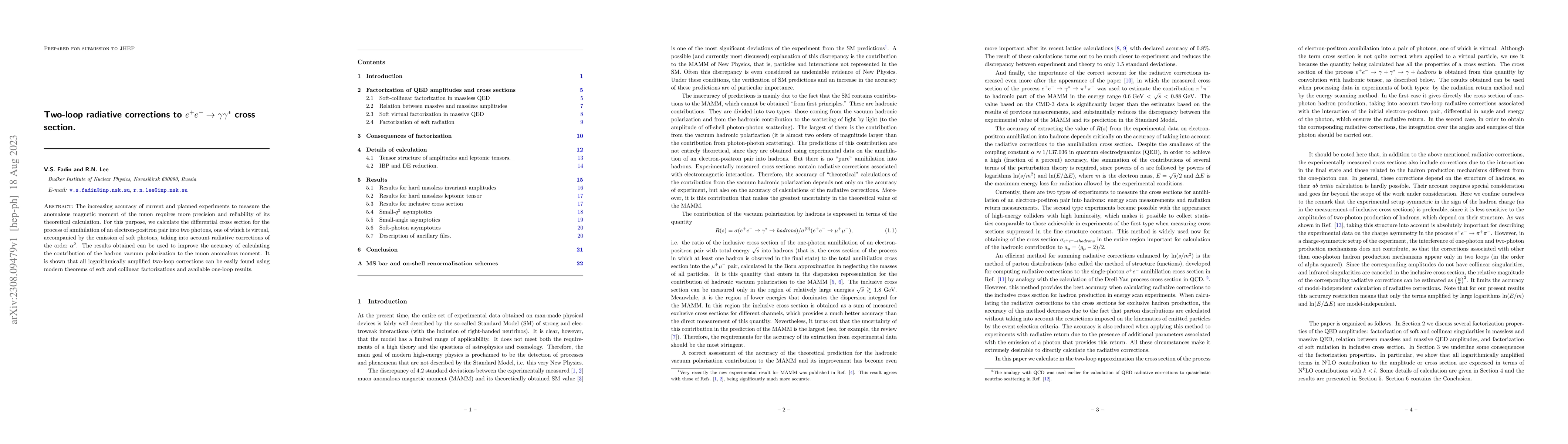 Thumbnail for Two-loop radiative corrections to $e^+ e^-\rightarrow \gamma\gamma^*$
  cross section