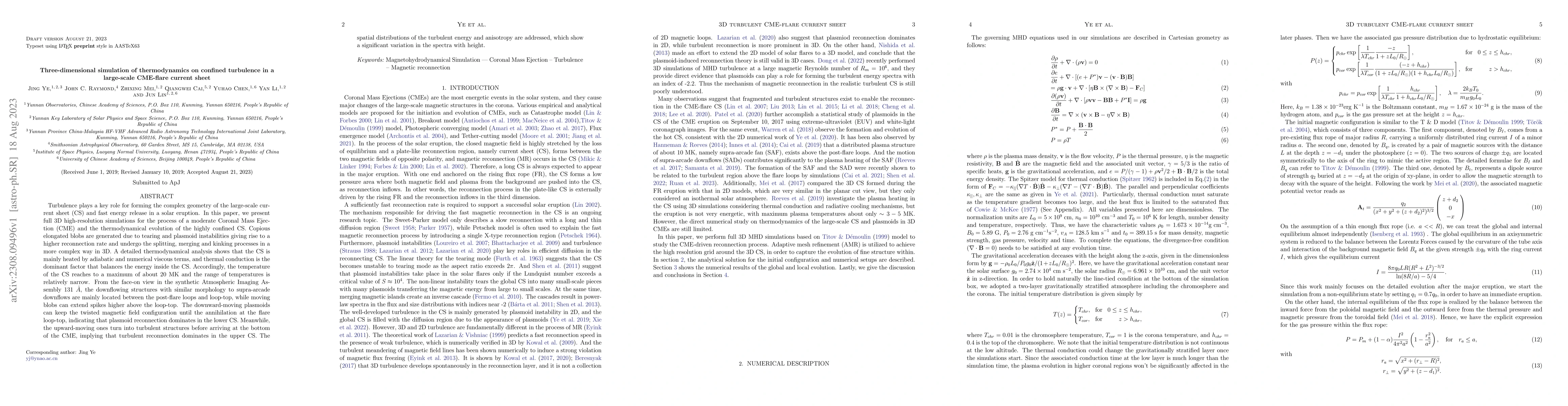 Thumbnail for Three-dimensional simulation of thermodynamics on confined turbulence in
  a large-scale CME-flare current sheet