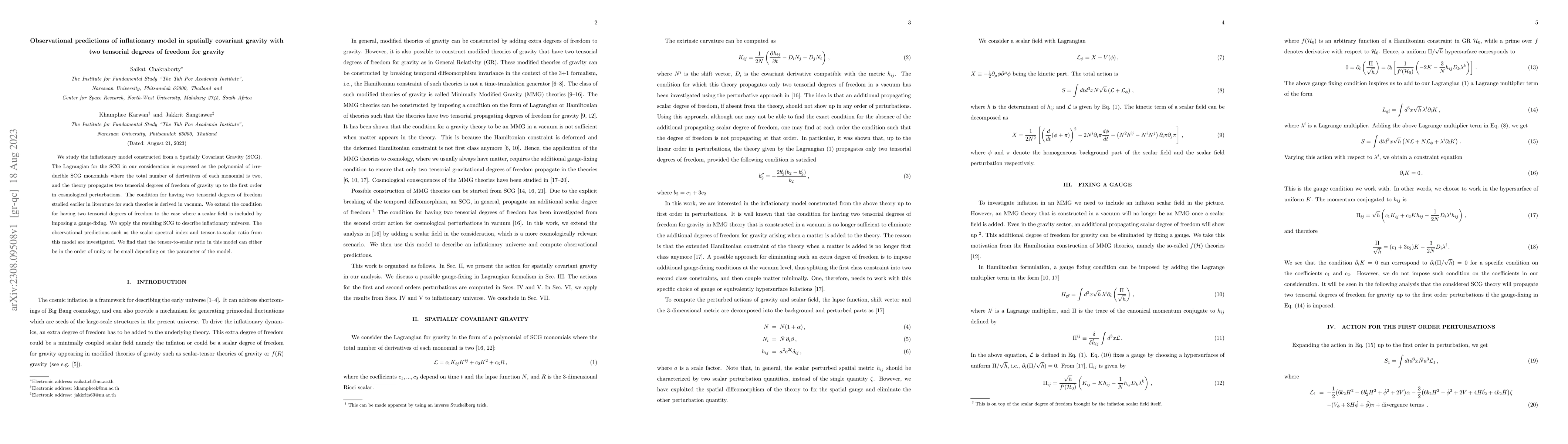 Thumbnail for Observational predictions of inflationary model in spatially covariant
  gravity with two tensorial degrees of freedom for gravity