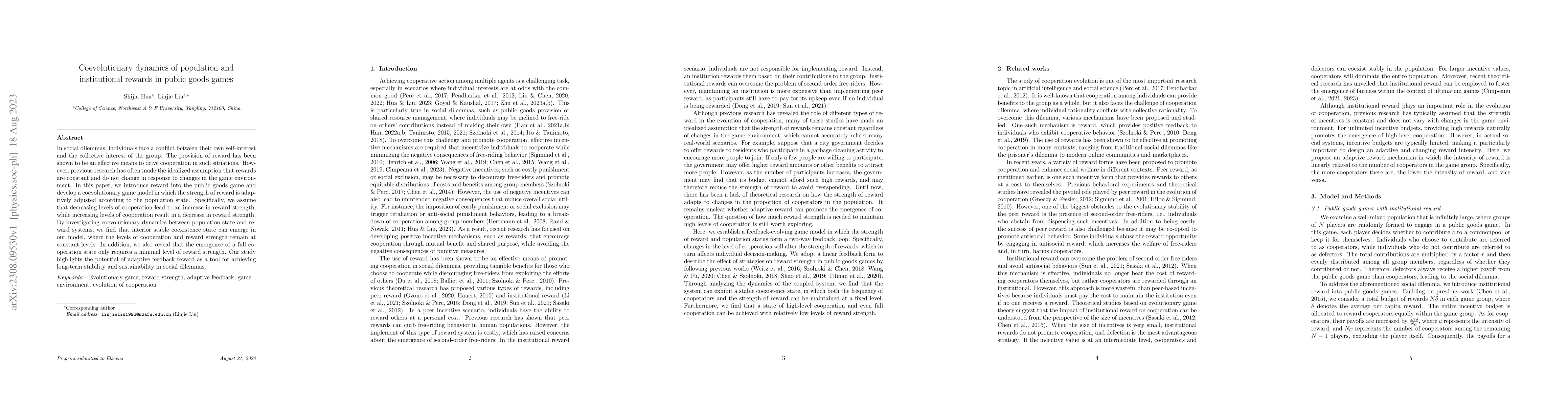 Thumbnail for Coevolutionary dynamics of population and institutional rewards in
  public goods games