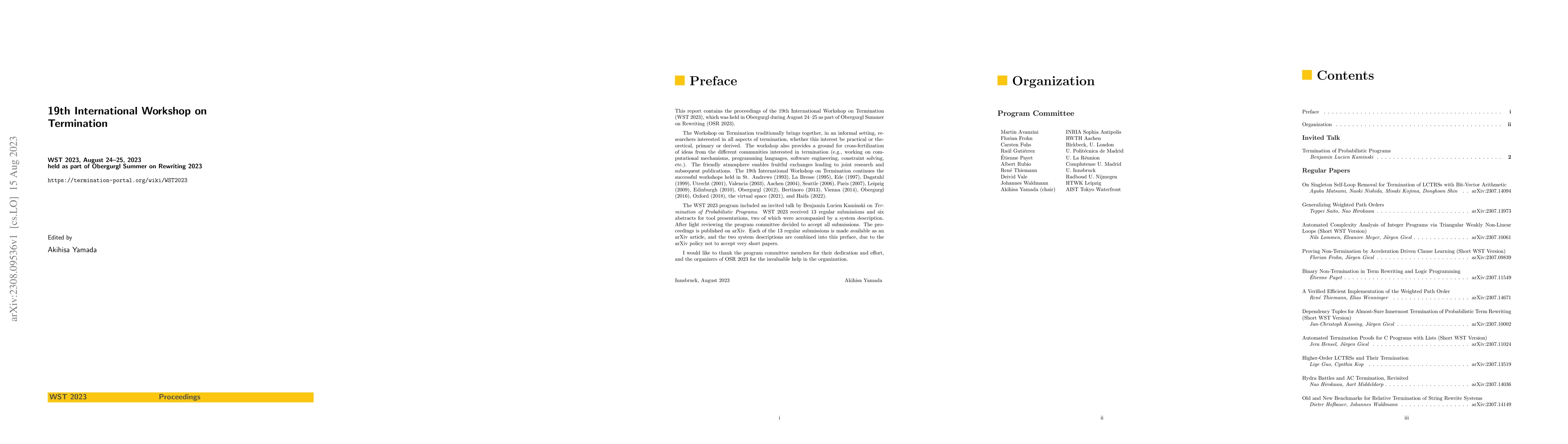 Thumbnail for The 19th International Workshop on Termination (WST 2023): Preface,
  Invited Talk Abstract, and Tool Descriptions