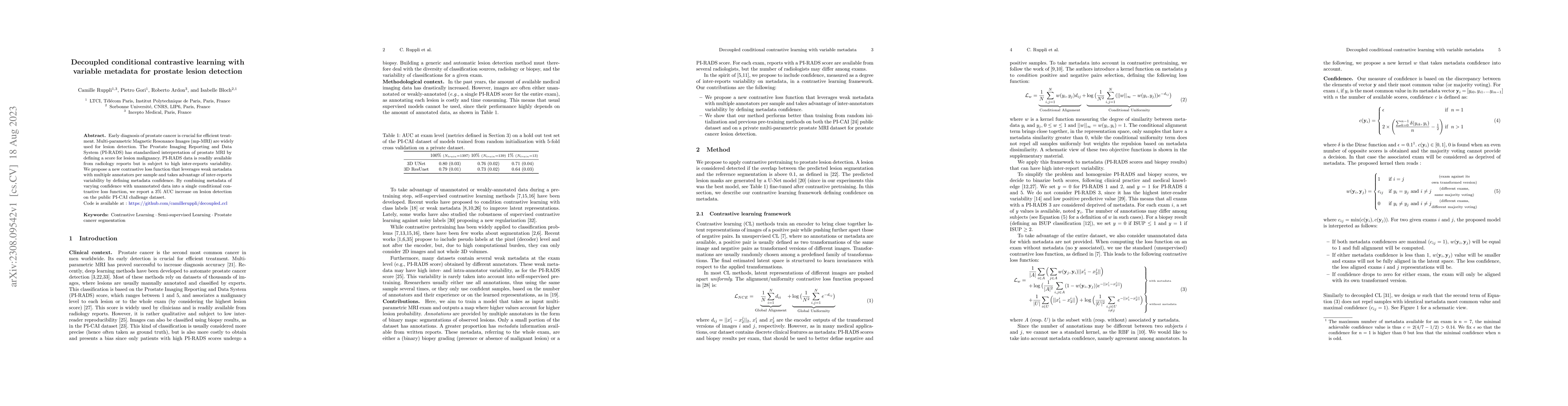 Thumbnail for Decoupled conditional contrastive learning with variable metadata for
  prostate lesion detection