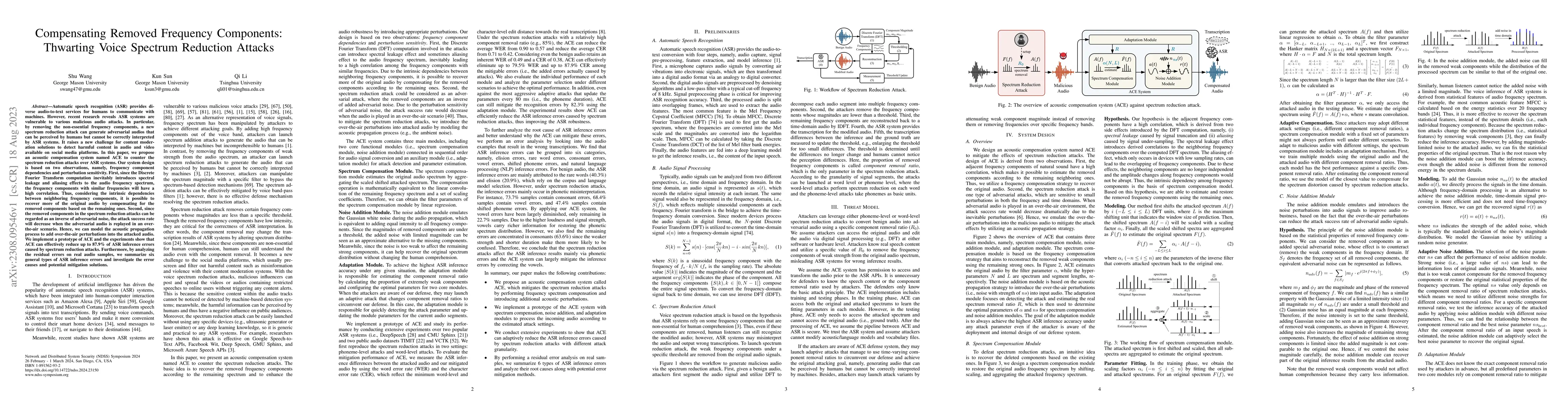 Thumbnail for Compensating Removed Frequency Components: Thwarting Voice Spectrum
  Reduction Attacks