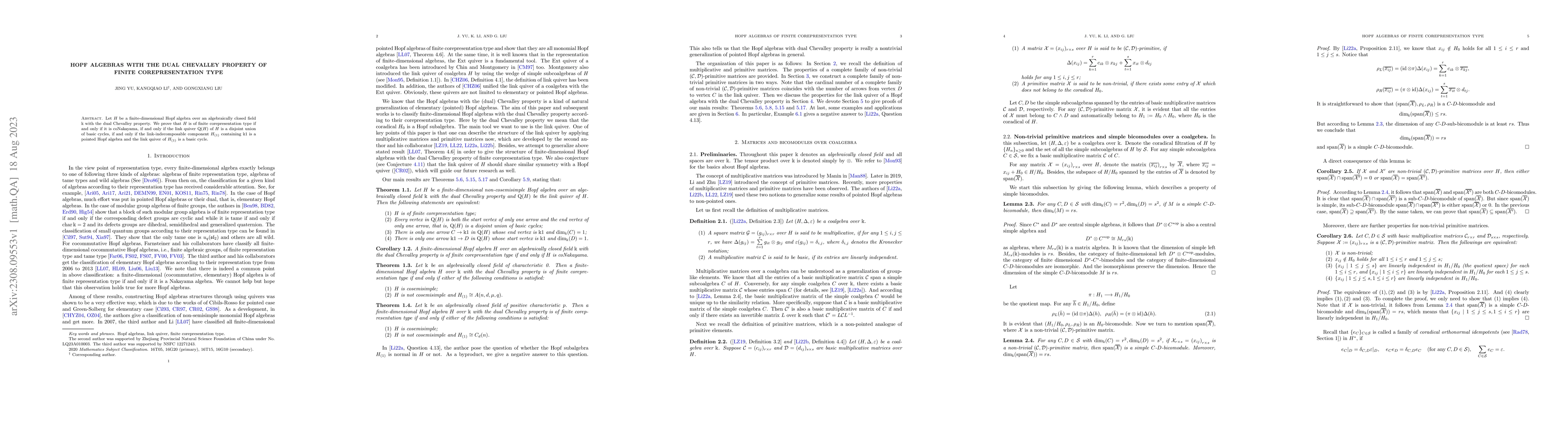 Thumbnail for Hopf algebras with the dual Chevalley property of finite
  corepresentation type