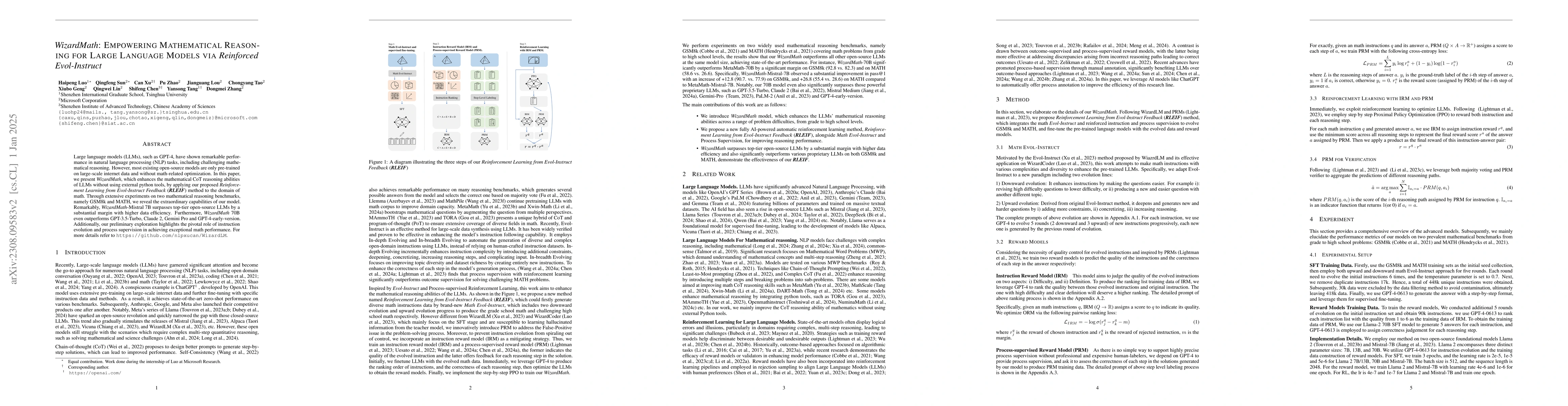 Thumbnail for WizardMath: Empowering Mathematical Reasoning for Large Language Models
  via Reinforced Evol-Instruct