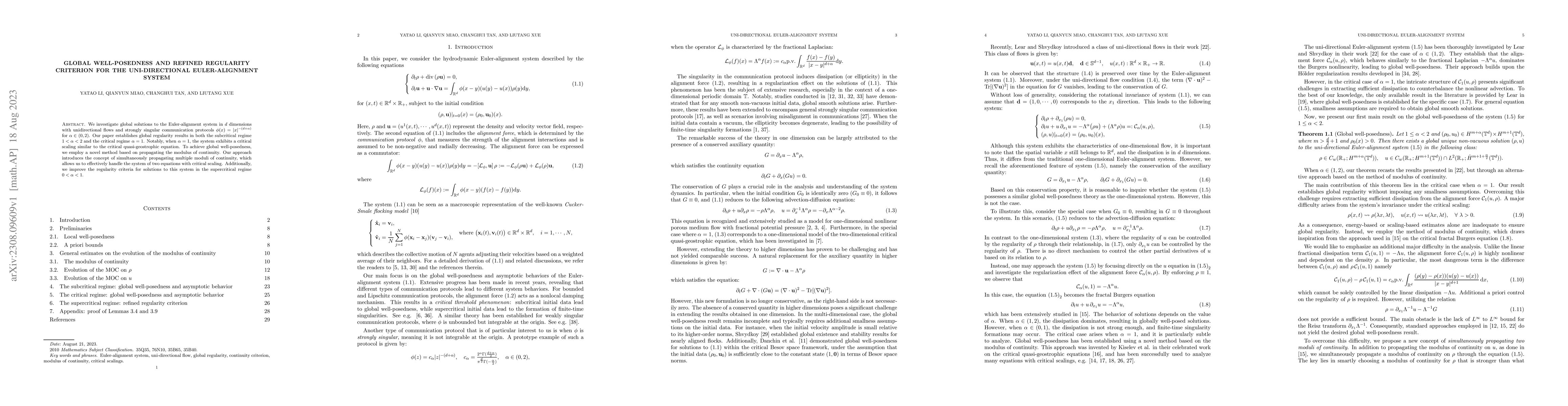 Thumbnail for Global well-posedness and refined regularity criterion for the
  uni-directional Euler-alignment system
