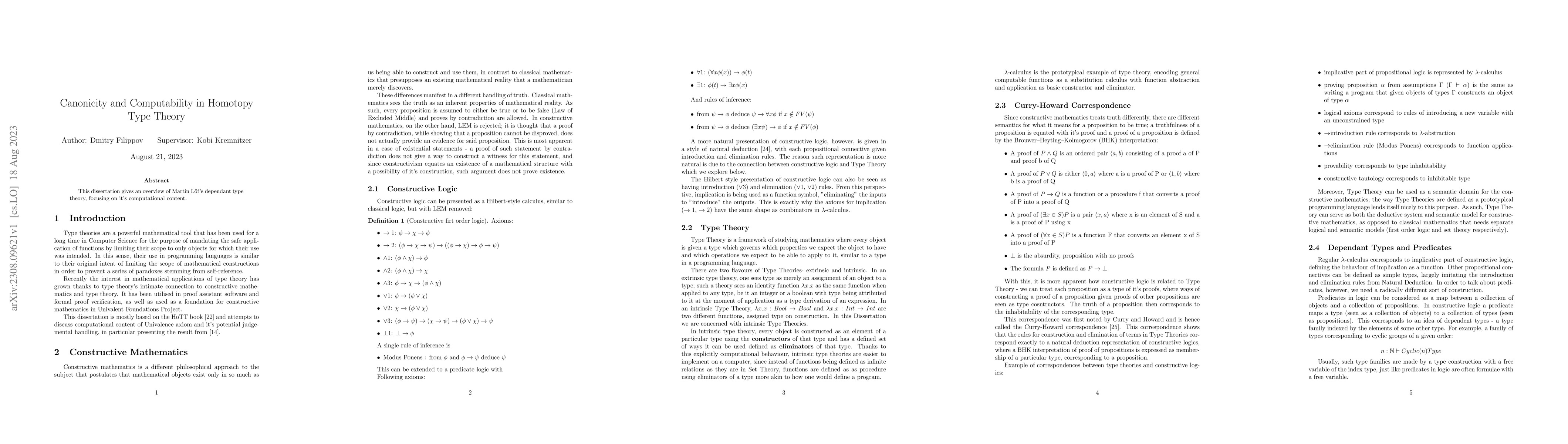 Thumbnail for Canonicity and Computability in Homotopy Type Theory