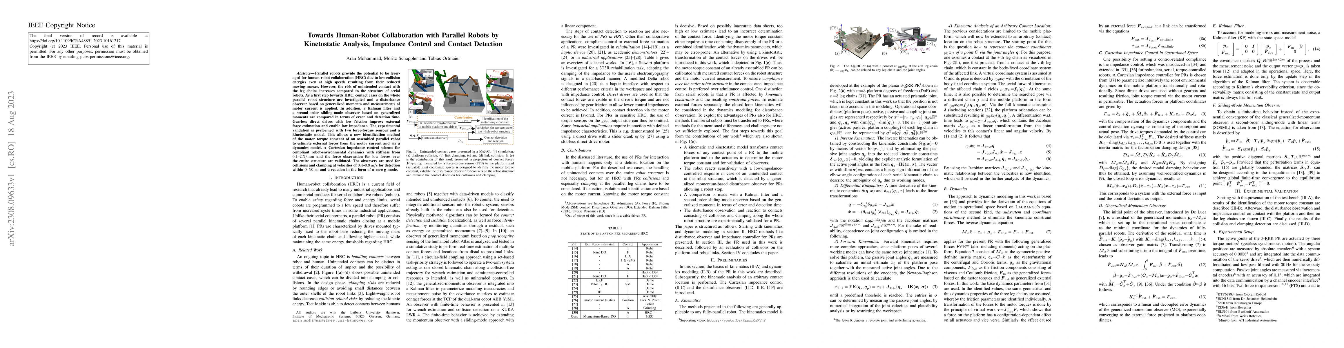 Thumbnail for Towards Human-Robot Collaboration with Parallel Robots by Kinetostatic
  Analysis, Impedance Control and Contact Detection