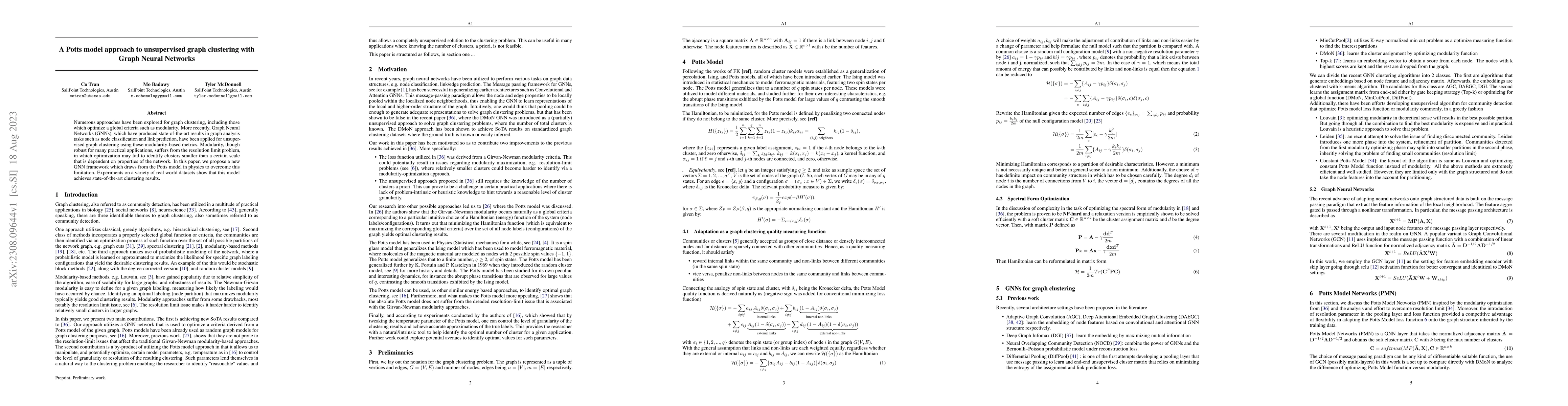 Thumbnail for A Potts model approach to unsupervised graph clustering with Graph
  Neural Networks