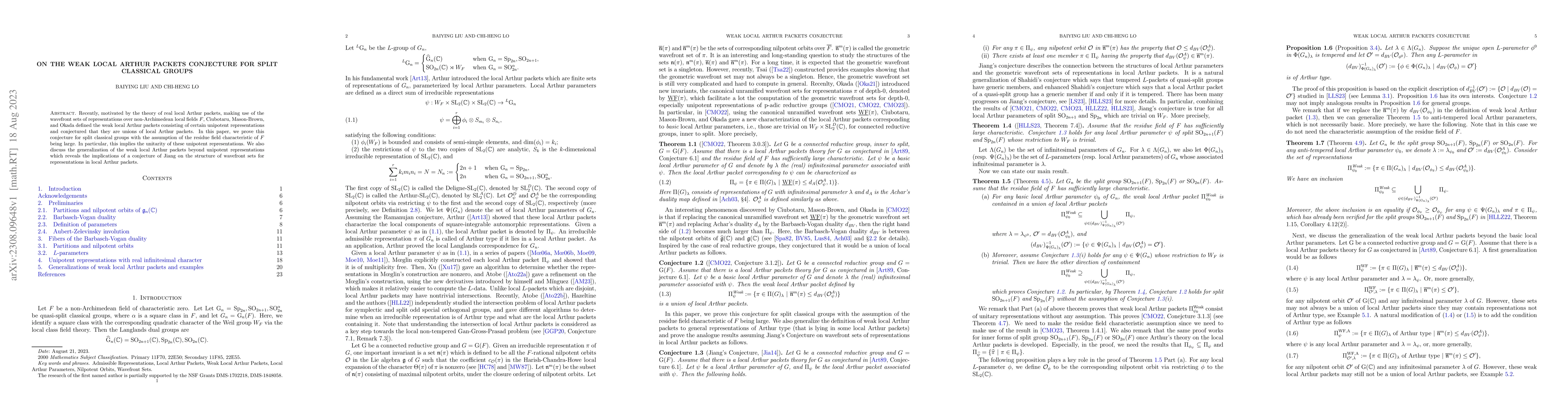 Thumbnail for On the weak local Arthur packets conjecture for split classical groups
