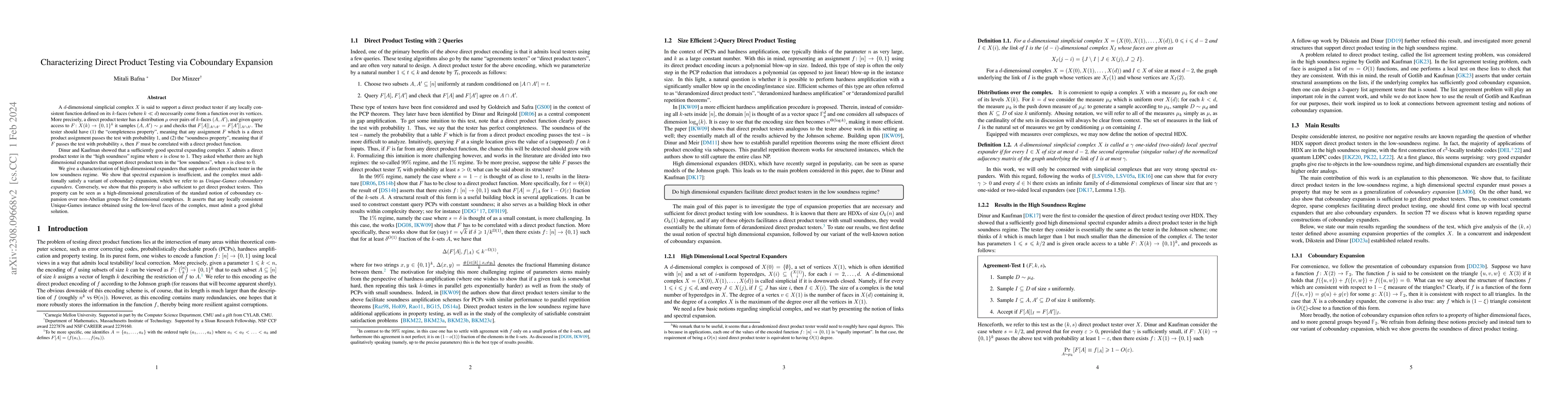 Thumbnail for Characterizing Direct Product Testing via Coboundary Expansion