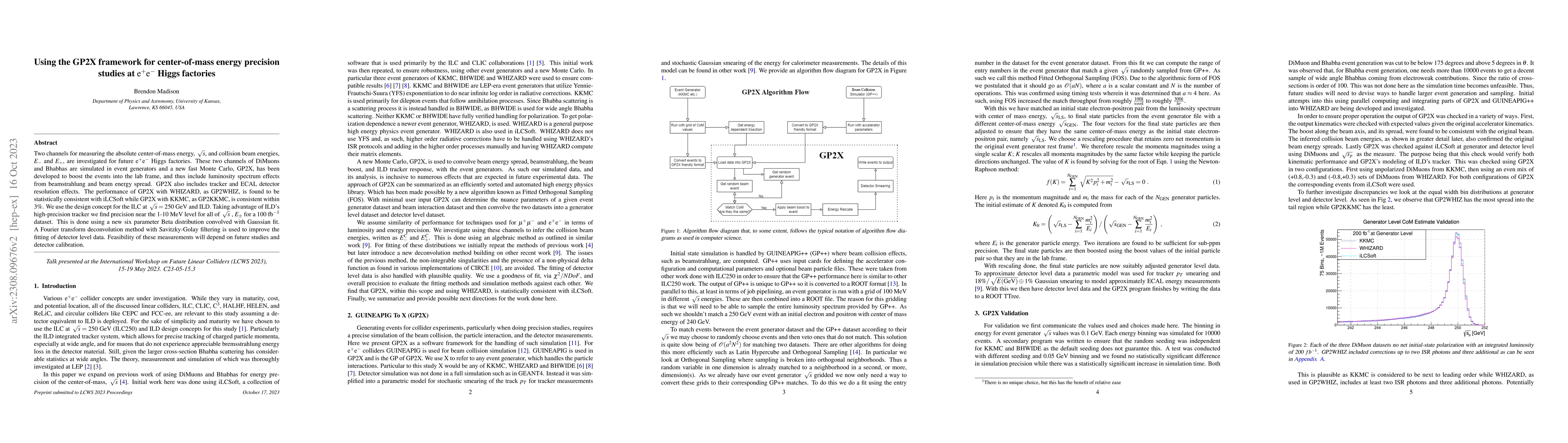Thumbnail for Using the GP2X framework for center-of-mass energy precision studies at
  $e^+e^-$ Higgs factories