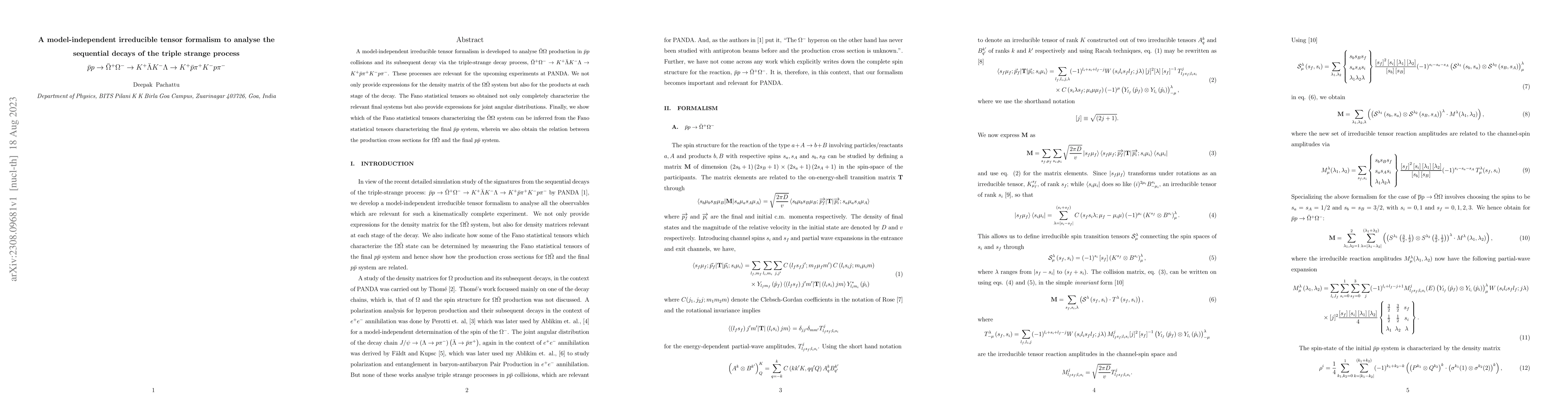 Thumbnail for Sequential decays of the triple strange process $\bar{p} p \rightarrow
  \bar{\Omega}^{+} \Omega^{-} \rightarrow K^{+} \bar{\Lambda} K^{-} \Lambda
  \rightarrow K^{+} \bar{p} \pi^{+} K^{-} p \pi^{-}$: a model-independent
  approach