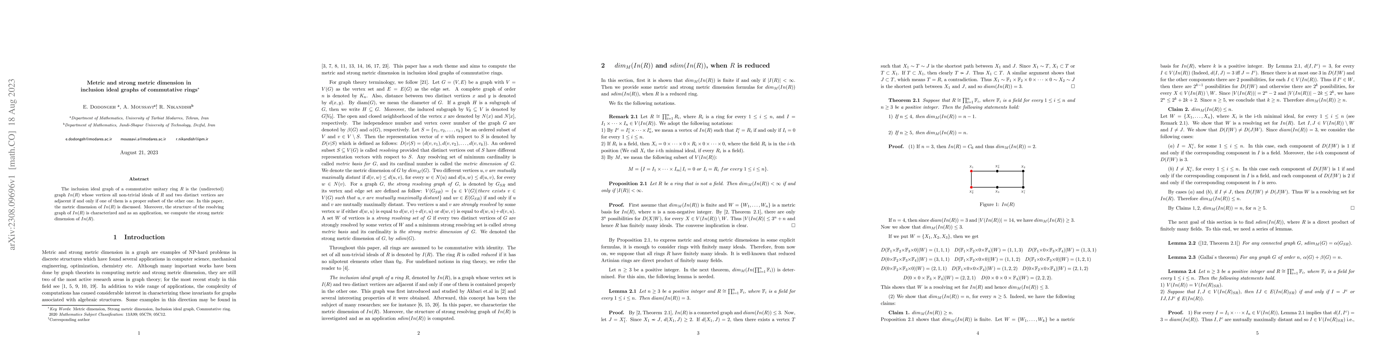 Thumbnail for Metric and strong metric dimension in inclusion ideal graphs of
  commutative rings