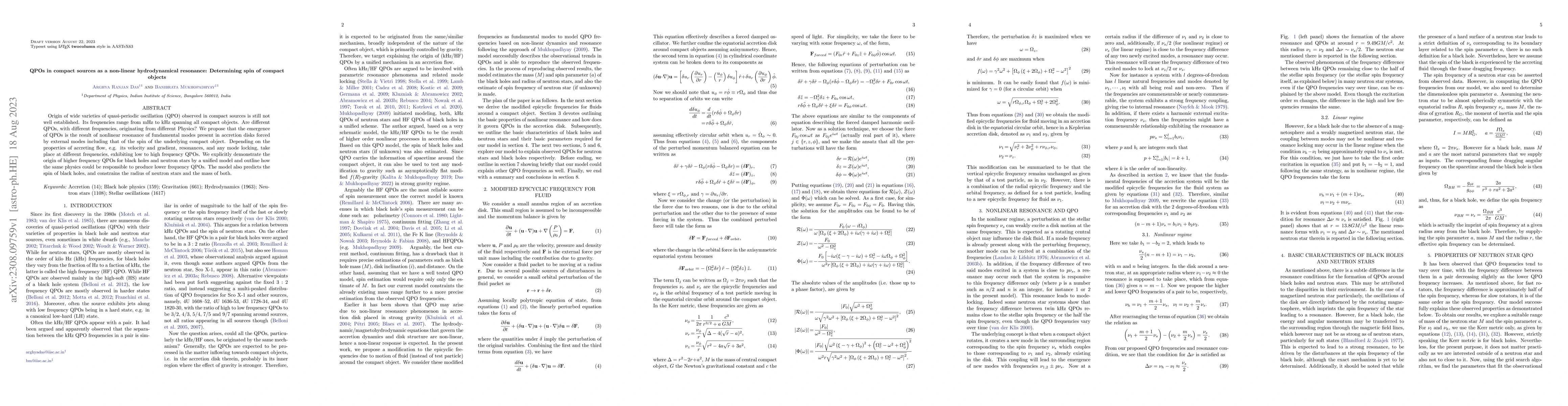 Thumbnail for QPOs in compact sources as a non-linear hydrodynamical resonance:
  Determining spin of compact objects