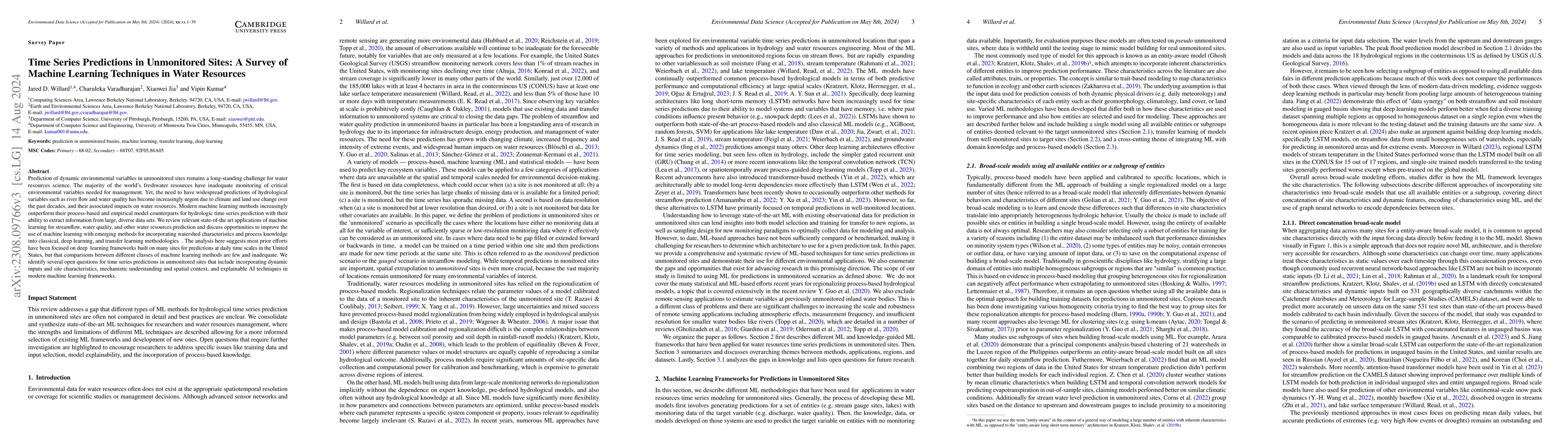 Thumbnail for Time Series Predictions in Unmonitored Sites: A Survey of Machine
  Learning Techniques in Water Resources