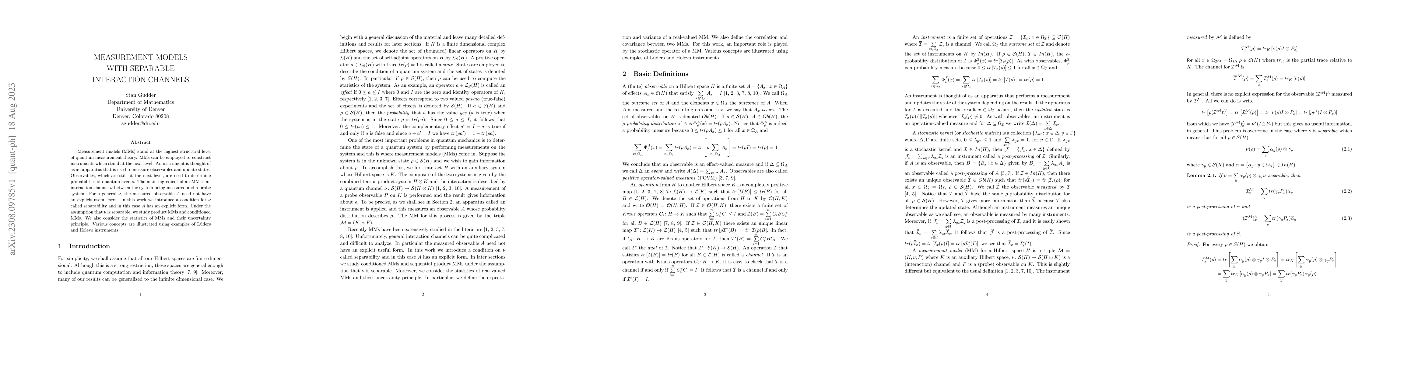 Thumbnail for Measurement Models with Separable Interaction Channels