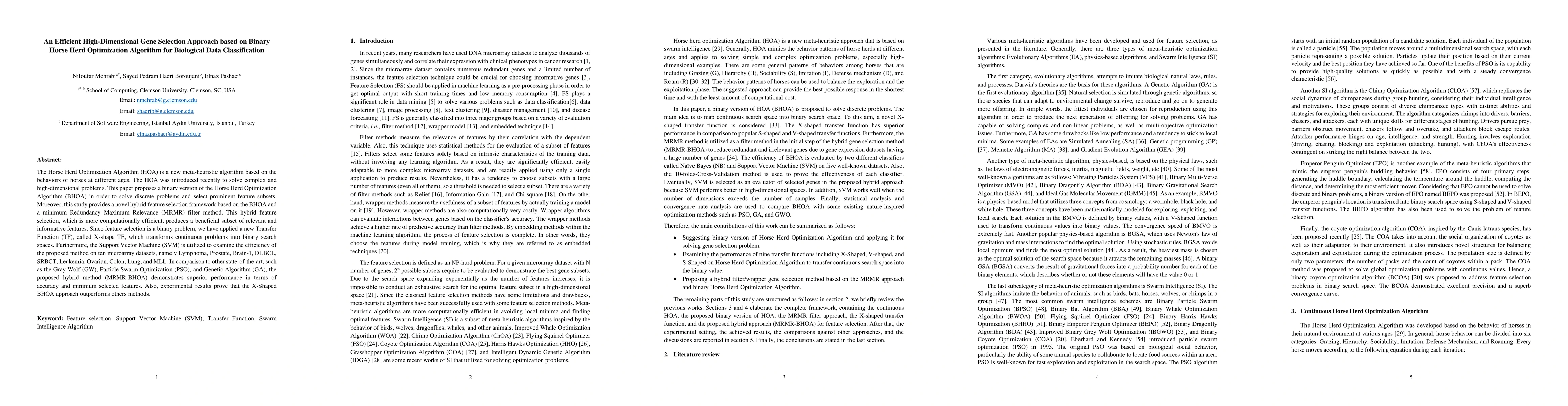 Thumbnail for An Efficient High-Dimensional Gene Selection Approach based on Binary
  Horse Herd Optimization Algorithm for Biological Data Classification