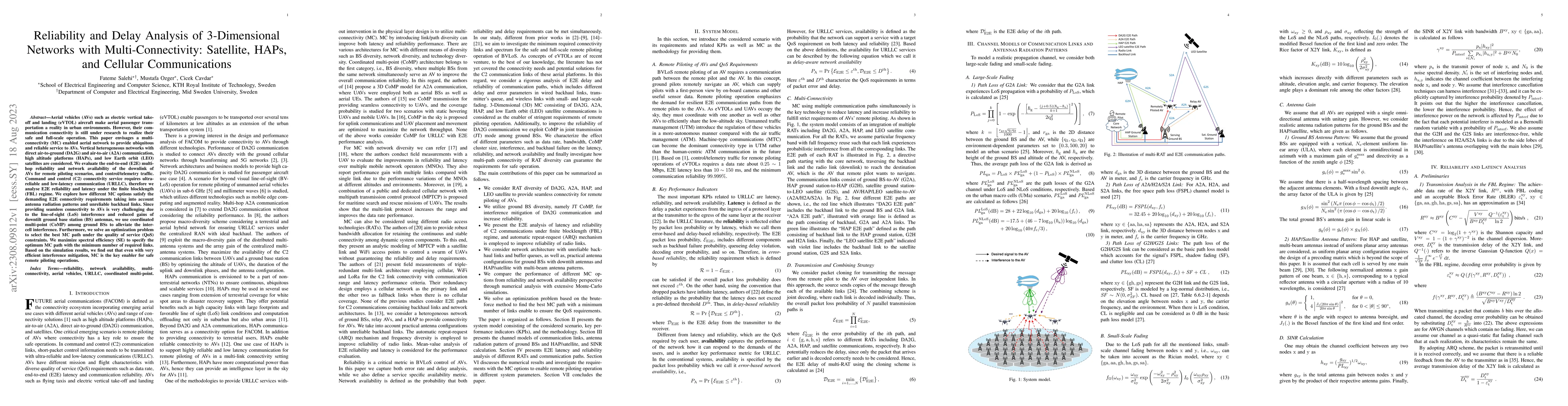 Thumbnail for Reliability and Delay Analysis of 3-Dimensional Networks with
  Multi-Connectivity: Satellite, HAPs, and Cellular Communications