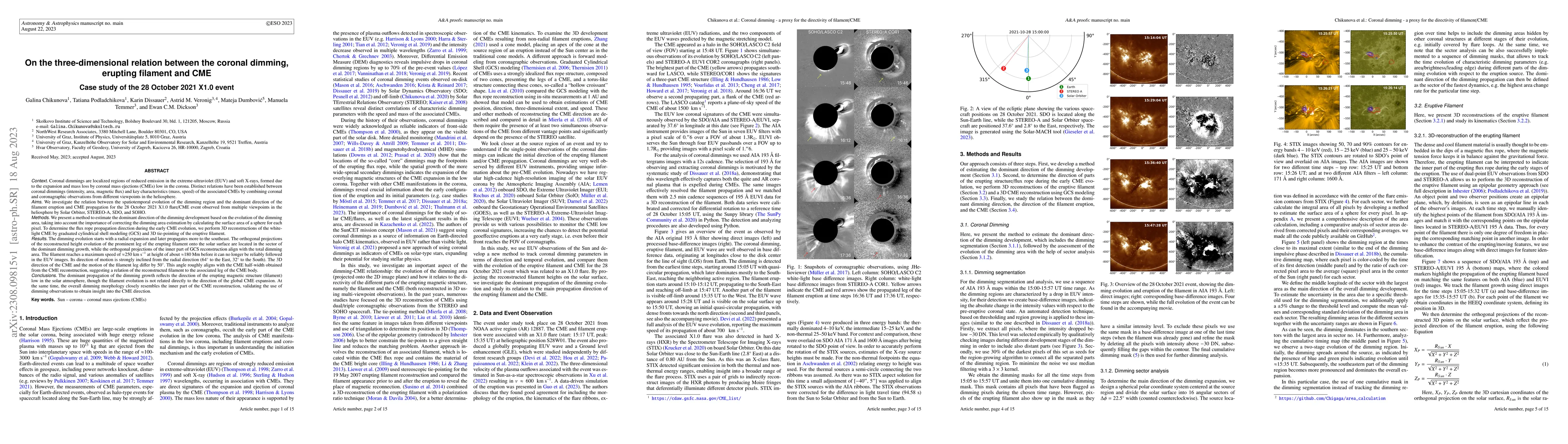 Thumbnail for On the three-dimensional relation between the coronal dimming, erupting
  filament and CME. Case study of the 28 October 2021 X1.0 event