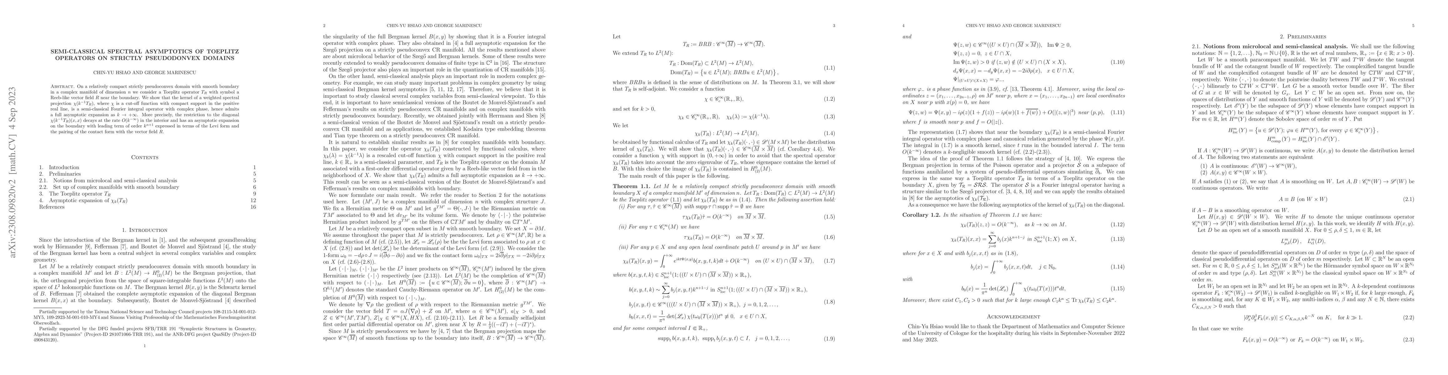 Thumbnail for Semi-classical spectral asymptotics of Toeplitz operators on strictly
  pseudodonvex domains