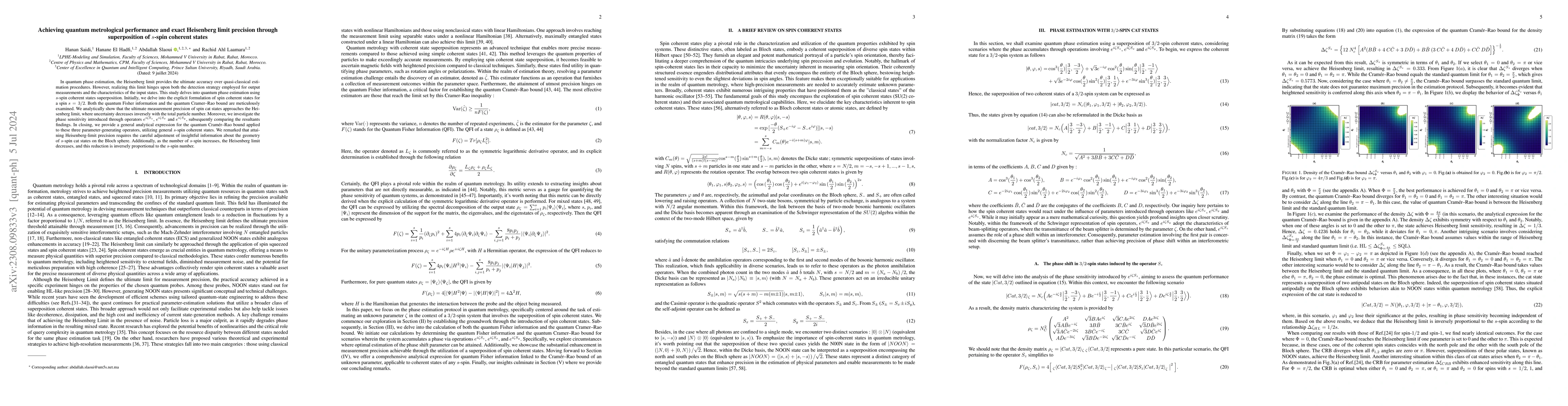 Thumbnail for Achieving quantum metrological performance and exact Heisenberg limit
  precision through superposition of $s$-spin coherent states