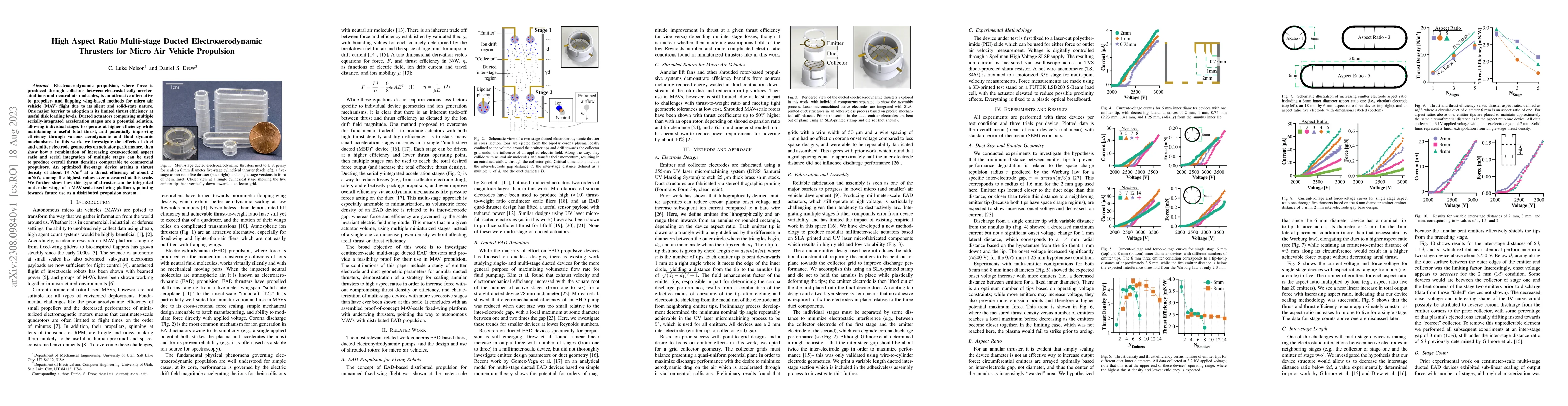 Thumbnail for High Aspect Ratio Multi-stage Ducted Electroaerodynamic Thrusters for
  Micro Air Vehicle Propulsion