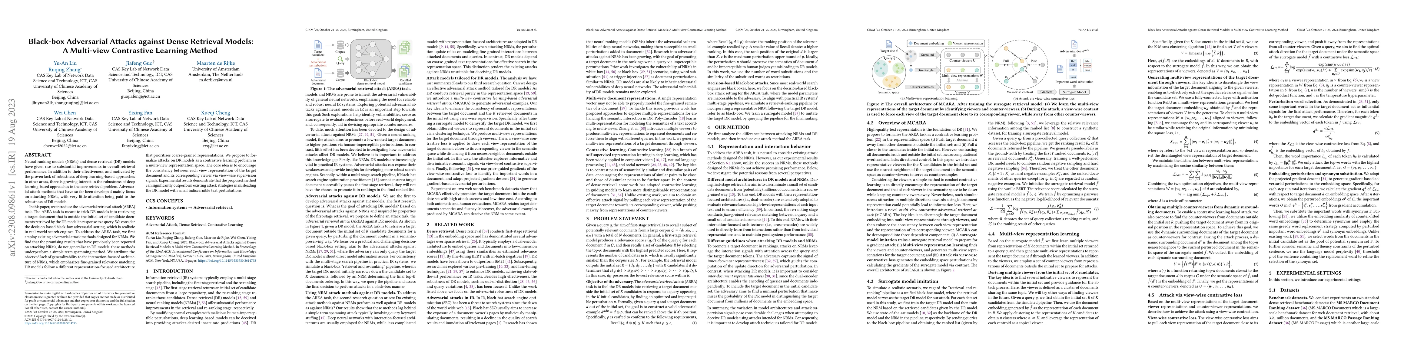 Thumbnail for Black-box Adversarial Attacks against Dense Retrieval Models: A
  Multi-view Contrastive Learning Method