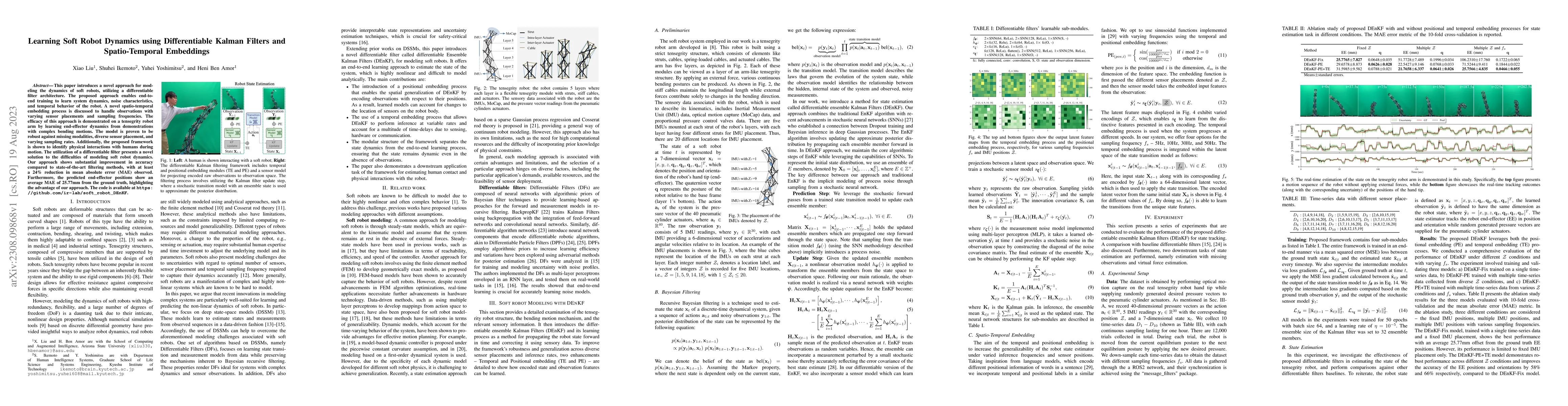 Thumbnail for Learning Soft Robot Dynamics using Differentiable Kalman Filters and
  Spatio-Temporal Embeddings