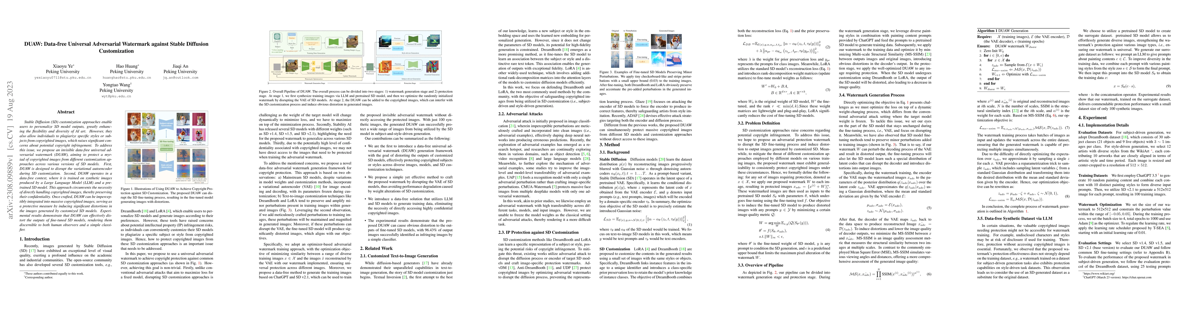 Thumbnail for DUAW: Data-free Universal Adversarial Watermark against Stable Diffusion
  Customization