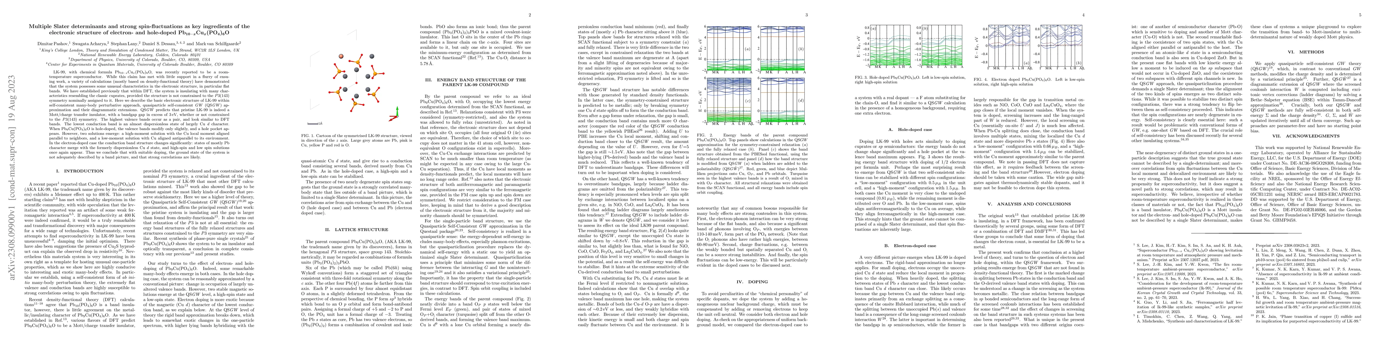 Thumbnail for Multiple Slater determinants and strong spin-fluctuations as key
  ingredients of the electronic structure of electron- and hole-doped
  Pb$_{10-x}$Cu$_x$(PO4)$_6$O