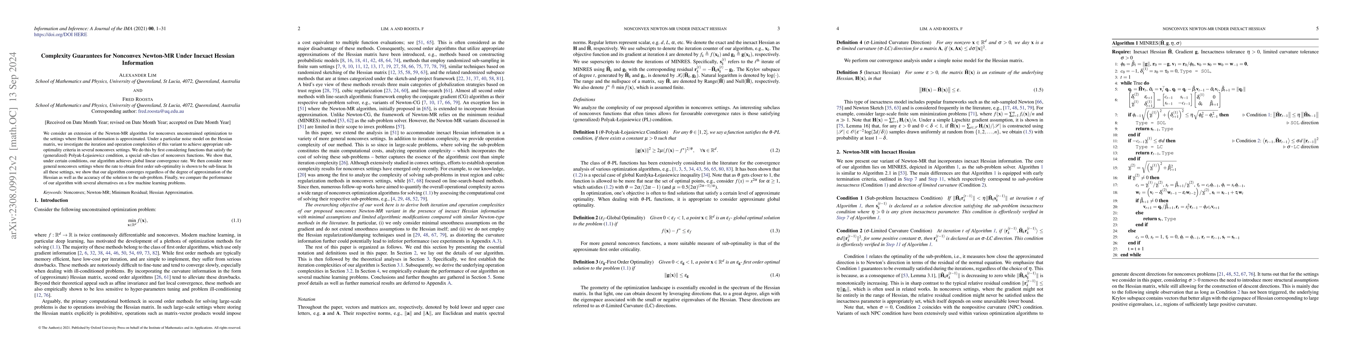 Thumbnail for Complexity Guarantees for Nonconvex Newton-MR Under Inexact Hessian
  Information