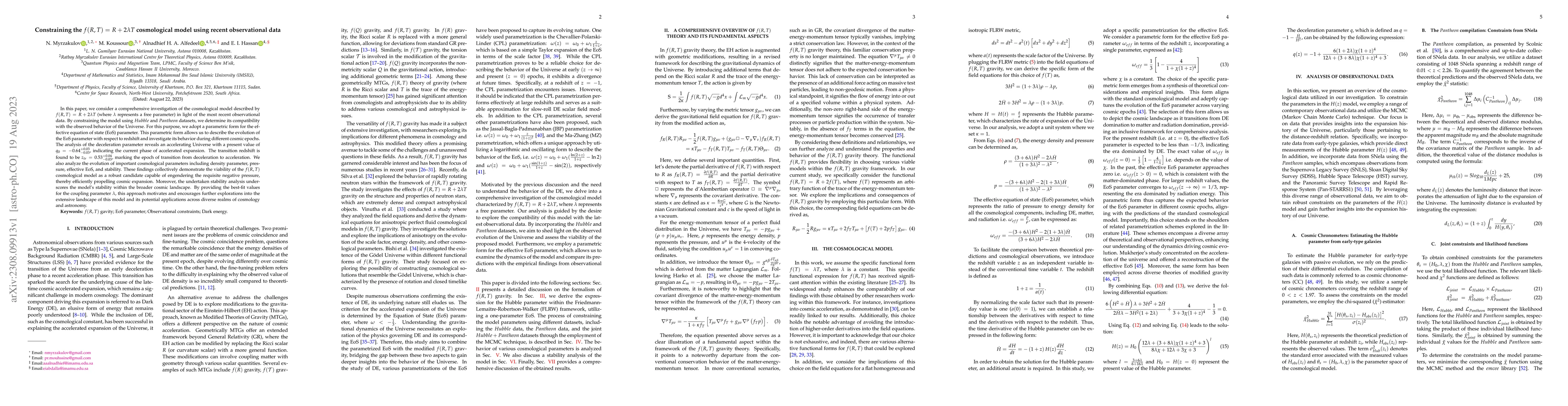 Thumbnail for Constraining the $f(R,T) = R + 2\lambda T$ cosmological model using
  recent observational data