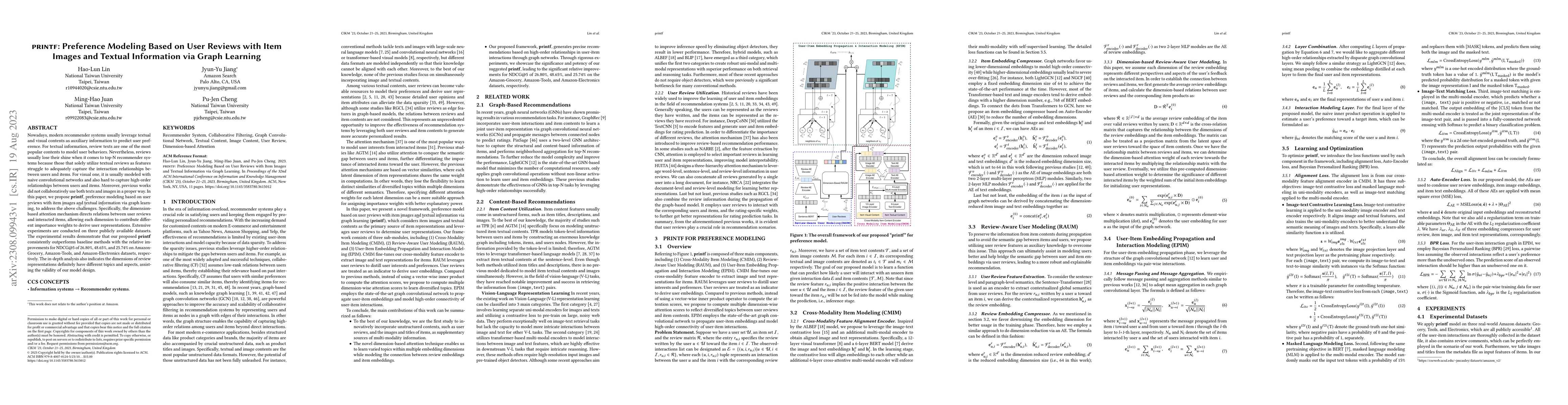 Thumbnail for printf: Preference Modeling Based on User Reviews with Item Images and
  Textual Information via Graph Learning