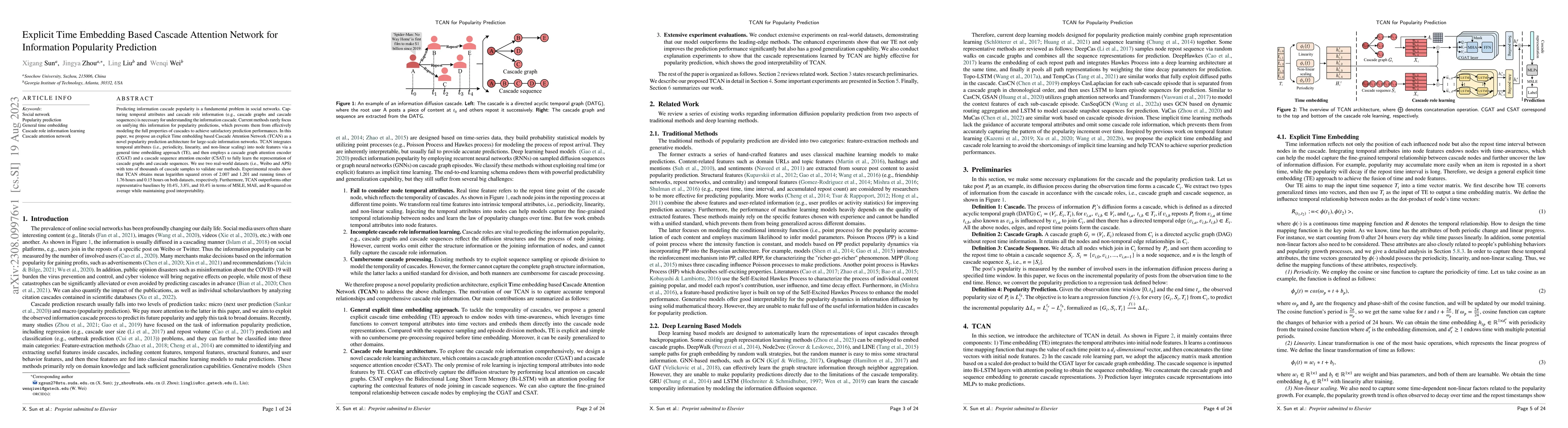 Thumbnail for Explicit Time Embedding Based Cascade Attention Network for Information
  Popularity Prediction