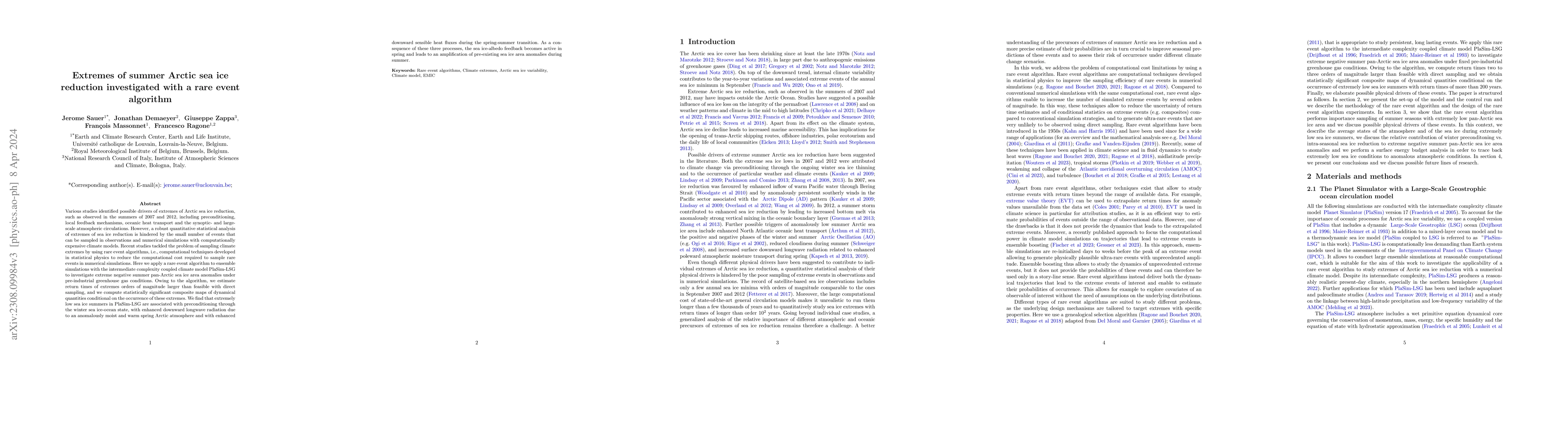 Thumbnail for Extremes of summer Arctic sea ice reduction investigated with a rare
  event algorithm