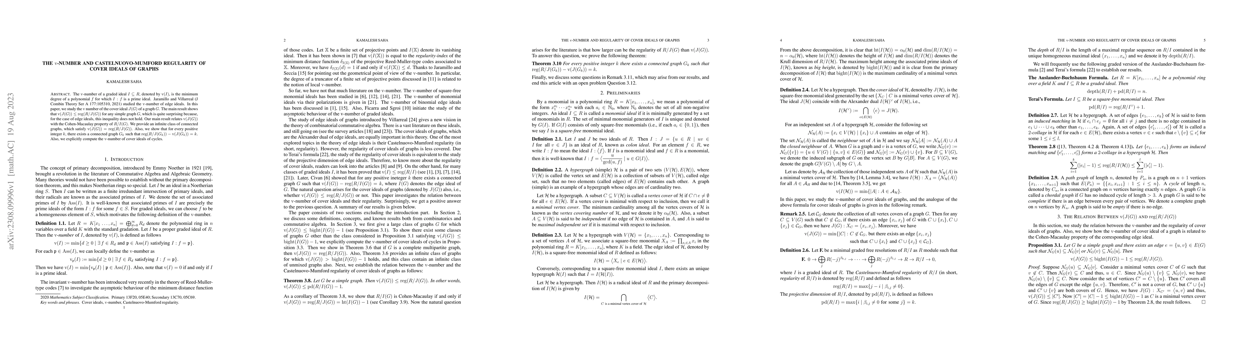 Thumbnail for The $\mathrm{v}$-number and Castelnuovo-Mumford regularity of cover
  ideals of graphs