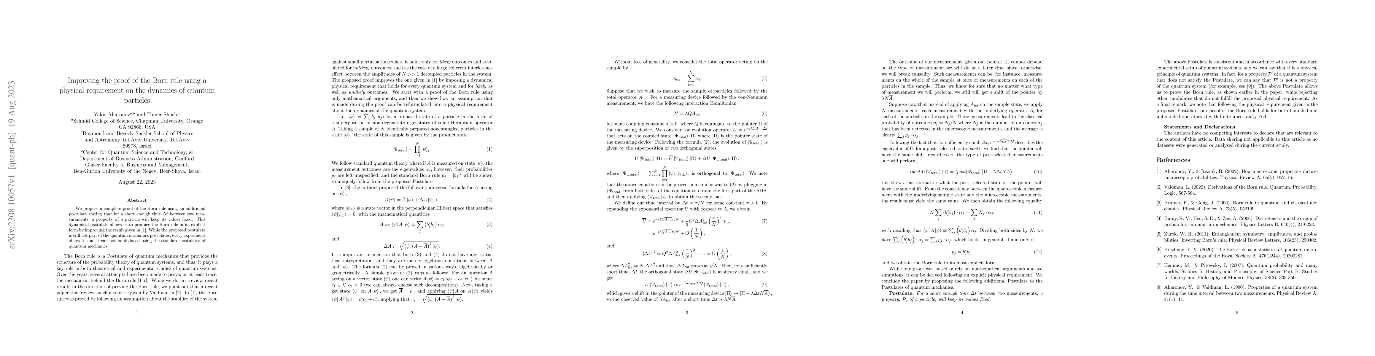 Thumbnail for Improving the proof of the Born rule using a physical requirement on the
  dynamics of quantum particles