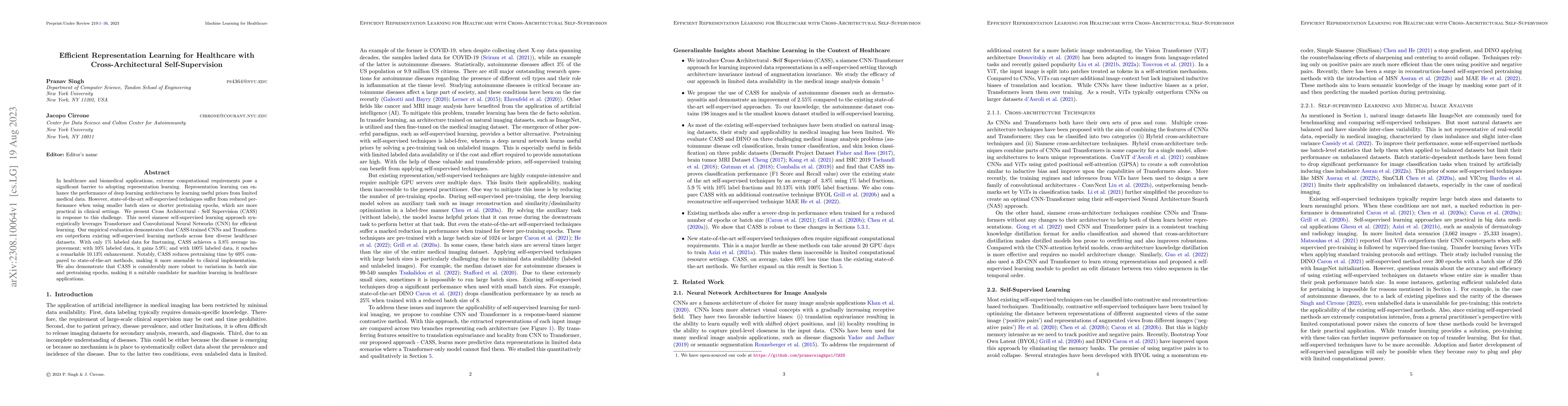 Thumbnail for Efficient Representation Learning for Healthcare with
  Cross-Architectural Self-Supervision