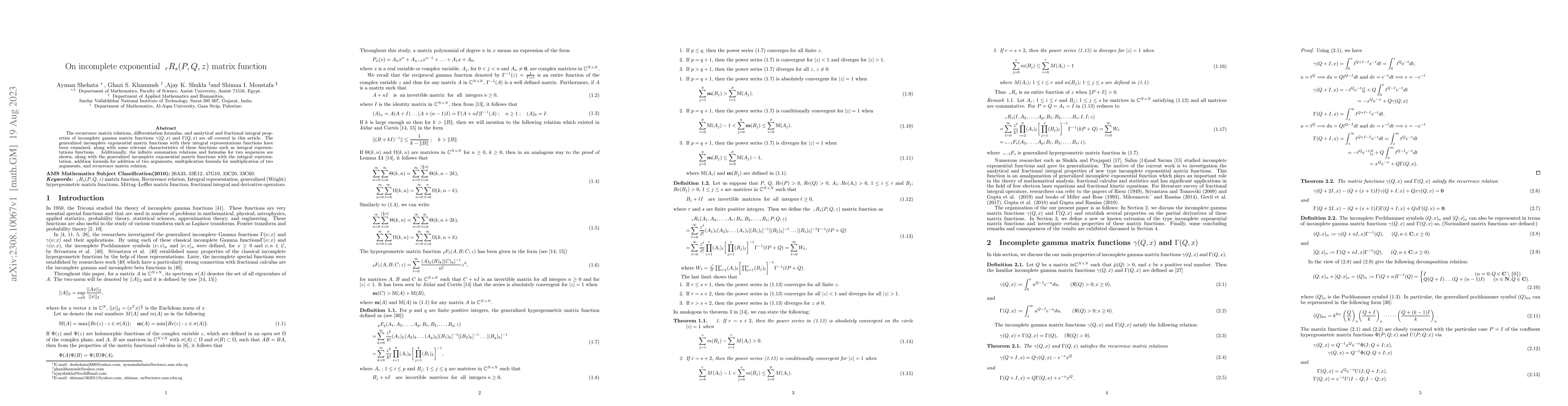 Thumbnail for On incomplete exponential $\;_{r}R_{s}(P,Q,z)$ matrix function