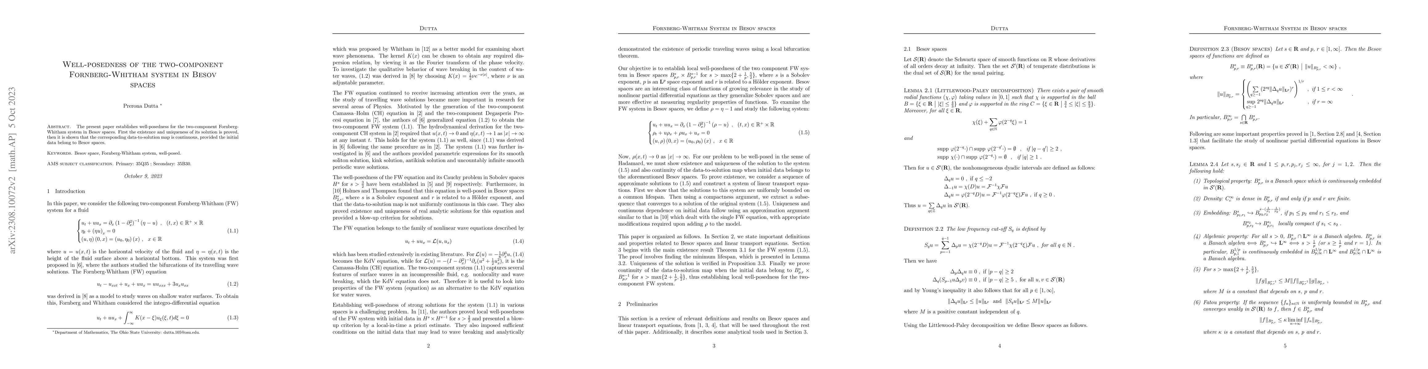 Thumbnail for Well-posedness of the two-component Fornberg-Whitham system in Besov
  spaces