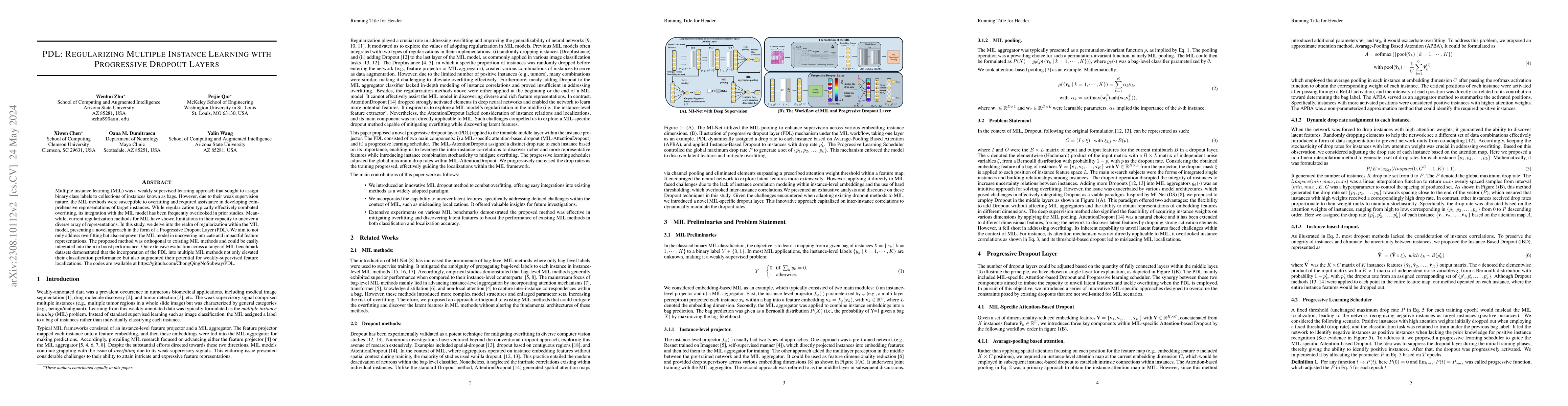 Thumbnail for PDL: Regularizing Multiple Instance Learning with Progressive Dropout
  Layers