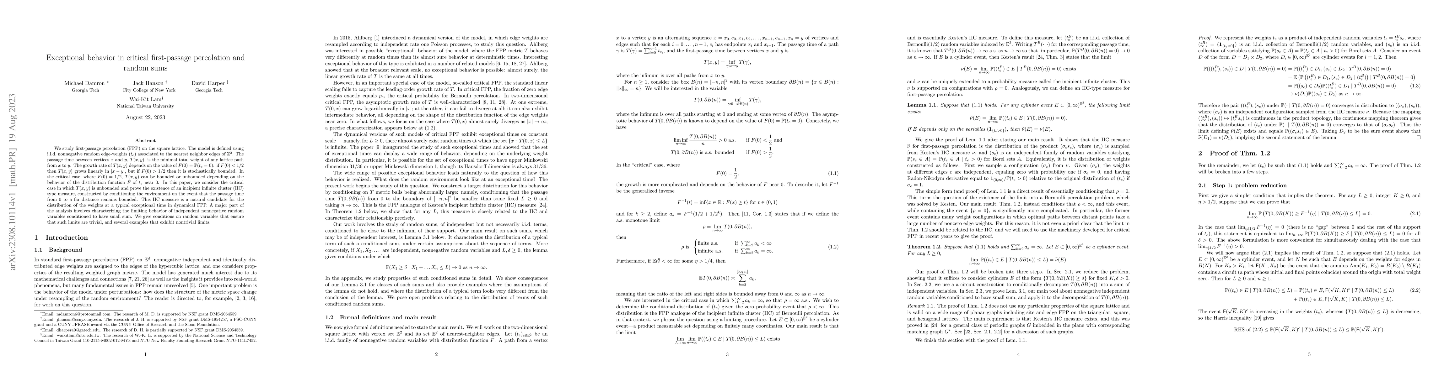 Thumbnail for Exceptional behavior in critical first-passage percolation and random
  sums