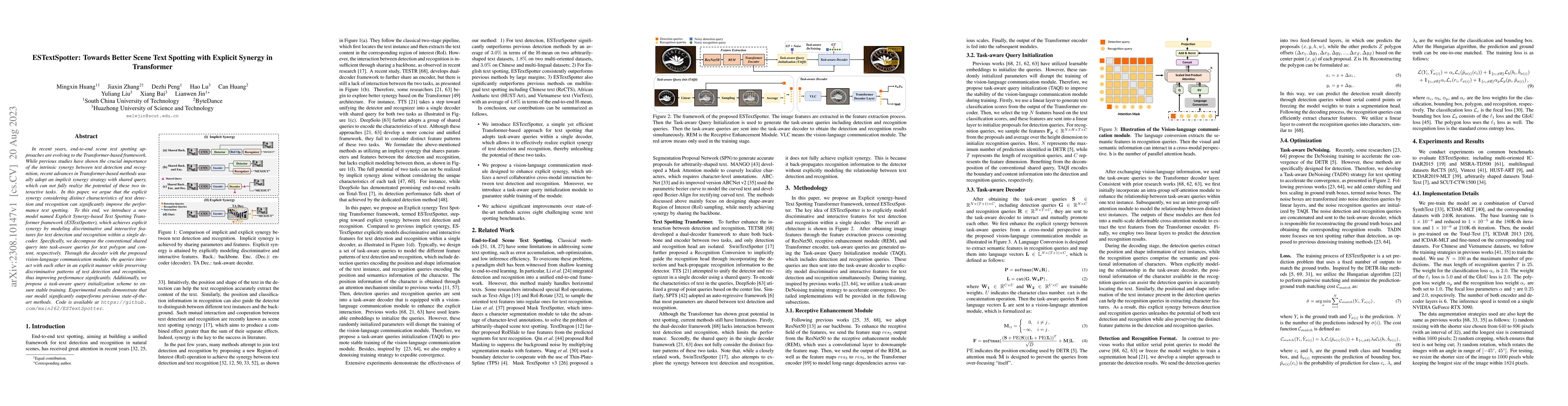 Thumbnail for ESTextSpotter: Towards Better Scene Text Spotting with Explicit Synergy
  in Transformer