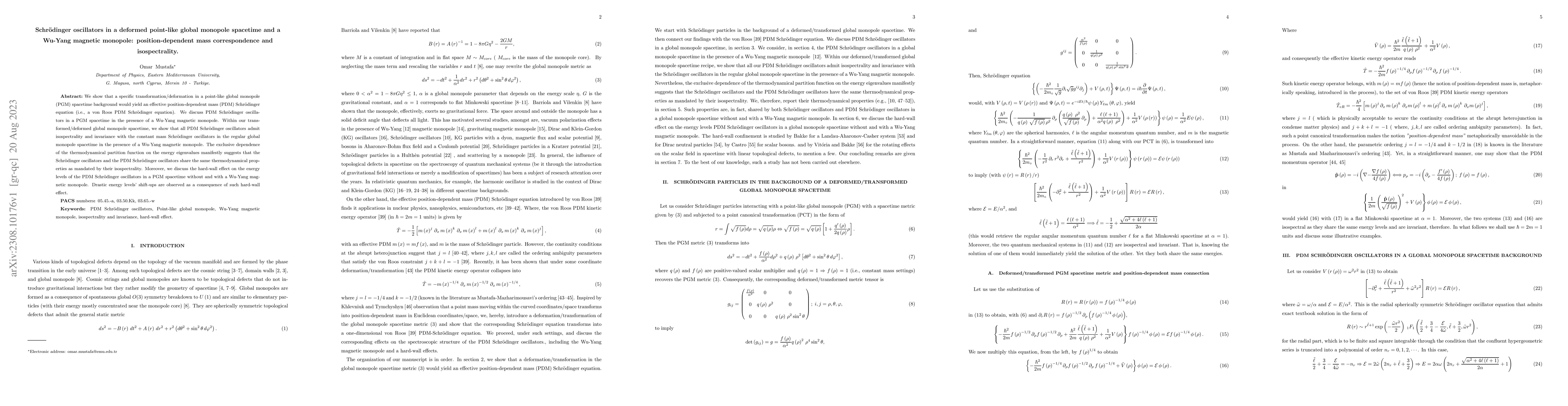 Thumbnail for Schr\"{o}dinger oscillators in a deformed point-like global monopole
  spacetime and a Wu-Yang magnetic monopole: position-dependent mass
  correspondence and isospectrality