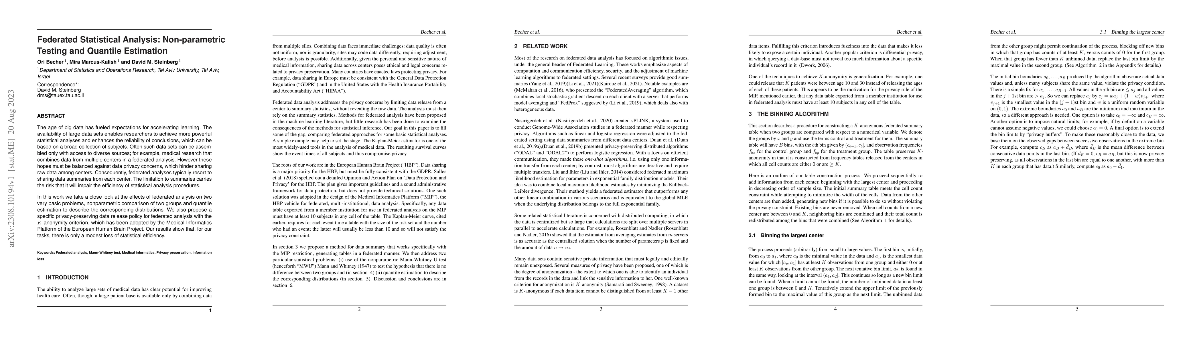Thumbnail for Federated Statistical Analysis: Non-parametric Testing and Quantile
  Estimation