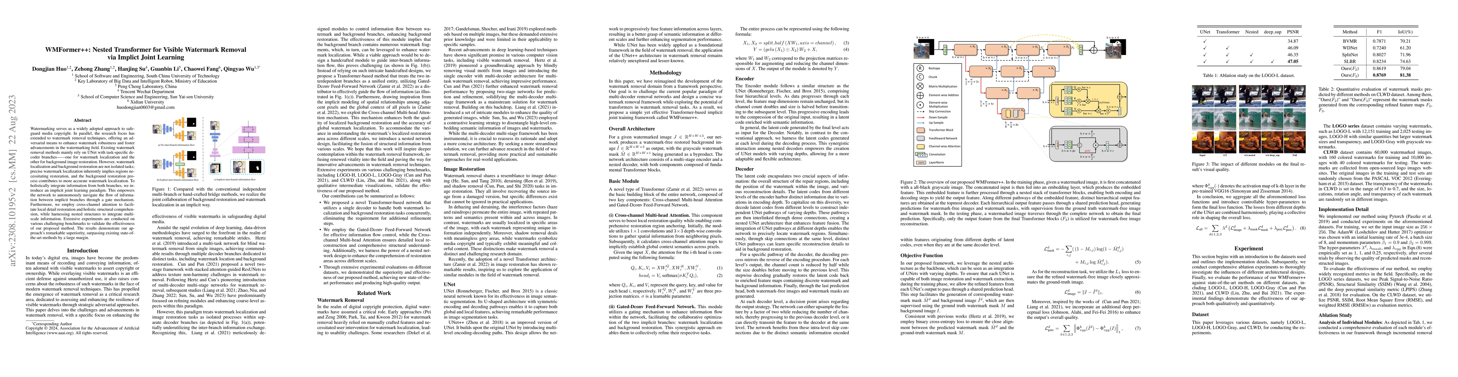 Thumbnail for WMFormer++: Nested Transformer for Visible Watermark Removal via Implict
  Joint Learning